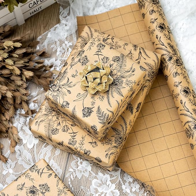 Yarcony Kraft Floral Wrapping Paper, Wildflower Wrapping Paper, Vintage Gothic Boho Black Floral Gift Wrap for Birthday, Bridal Shower, Wedding, Mother's Day, Graduation, Christmas (17 In X 33 Ft)