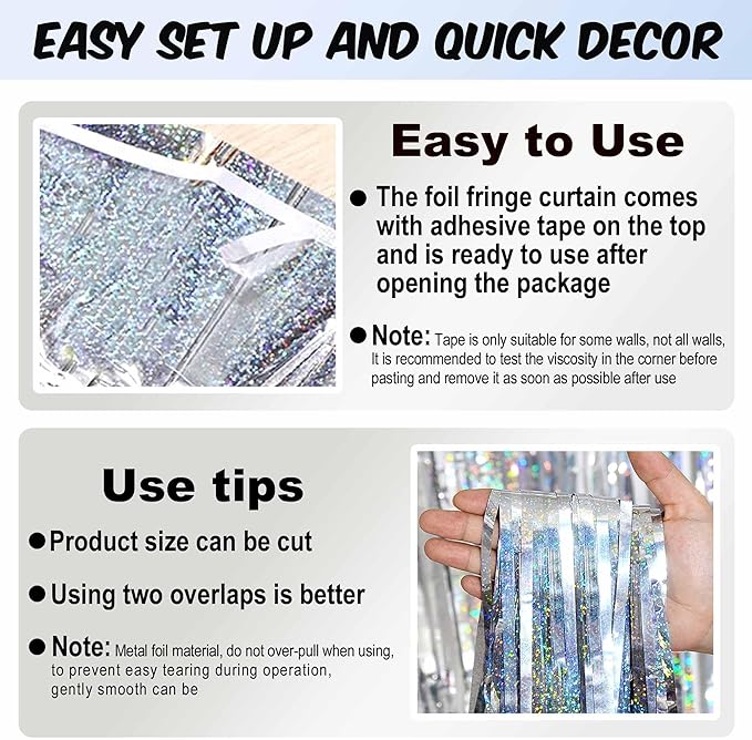 3 Pack Silver Foil Fringe Curtains Backdrop, 3.28 x 8.2 Ft Metallic Streamers Tinsel Curtains Background for Photo Booth, Birthday, Christmas, Halloween, Thanksgiving, New Year Party Decorations
