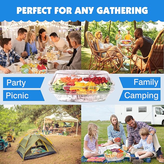 Ice Chilled Party Platter, 15 Inch Clear Veggie Fruit Trays with Lid and Dip, Cold Food Serving Trays for Parties, Charcuterie Boards with Ice Tray on Bottom