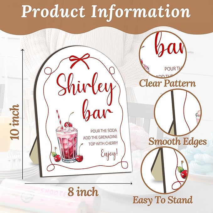 Bow Shirley Bar Sign, Baby Shower Welcome Sign, Baby Shower Table Decor Sign, Party Reception Signs, Red Bow Babies Party Decor Supplies, Wooden Sign with Stand, Wedding Parties Decor Favor 8x10 Inch