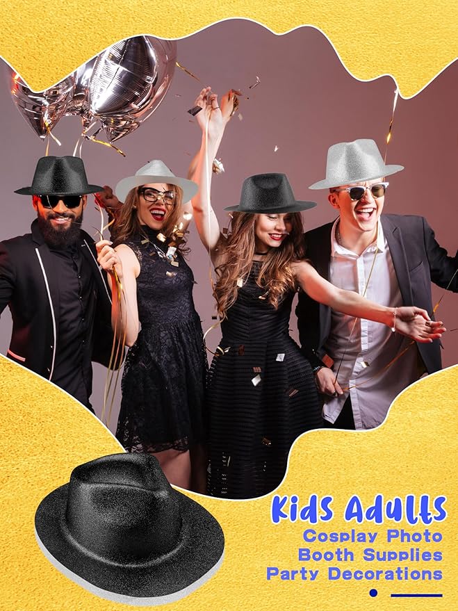 28 Pack Plastic Party Hats Bulk Glitter Party Hat Fedora Party Hat Gangster Hat for Adult Kids Costume Accessory
