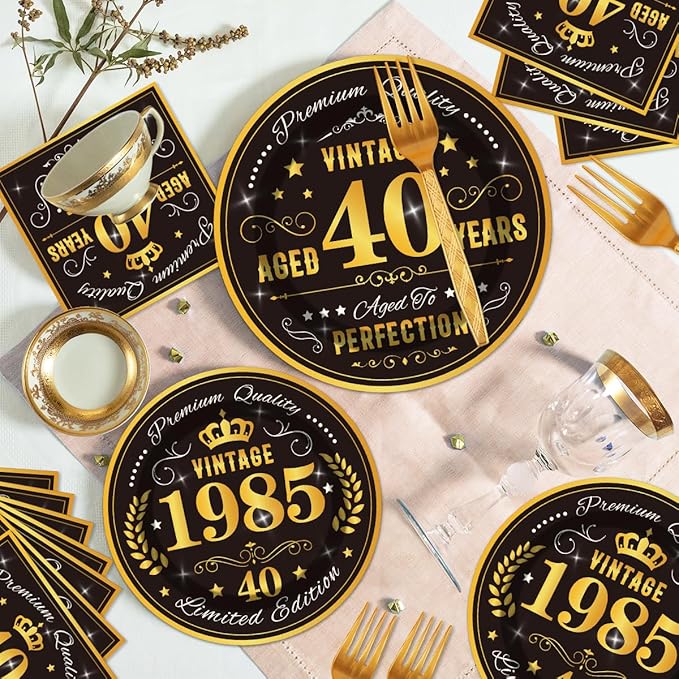96PCS 40th Birthday Plates and Napkins Party Supplies 40th Birthday Decorations for Men 40th Anniversary Decorations Vintage 1985 Birthday Party Tableware Sets Serve 24 Guests