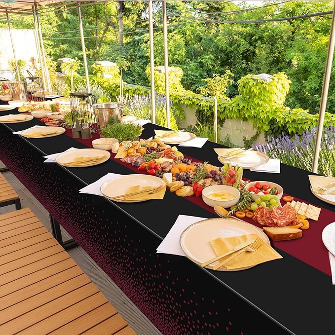 MASHAN 6Pcs Black Maroon Tablecloths, Rectangular Plastic Table Covers, 54x108 Inch, Polka Dot, Stain Resistant, Party Decorations