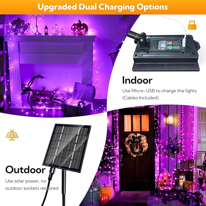 Solar Halloween Lights, 500 LED Solar String Lights with 19 Modes, Purple String Lights Halloween Decoration Outdoor Solar Lights for Party Outside Tree Yard Decoration