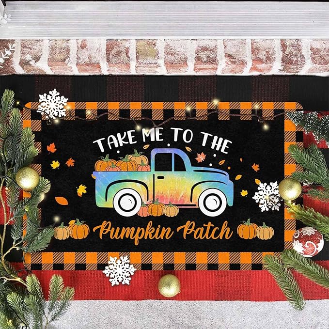 Thanksgiving Door Mat Fall Welcome Mat for Front Door, Autumn Pumpkins with Truck Buffalo Plaid Seasonal Non Slip Doormat for Entrance Entryway Outside Thanksgiving Farmhouse Decor, 30"x18"inch