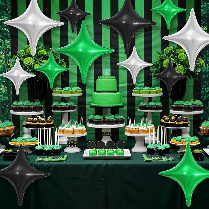Black Green Silver Star Balloons,12Pcs Four Angle Star Foil Balloons,26Inch and 10Inch Black Silver Green Quadrangle Helium Balloon for Birthday Anniversary Party Decorations