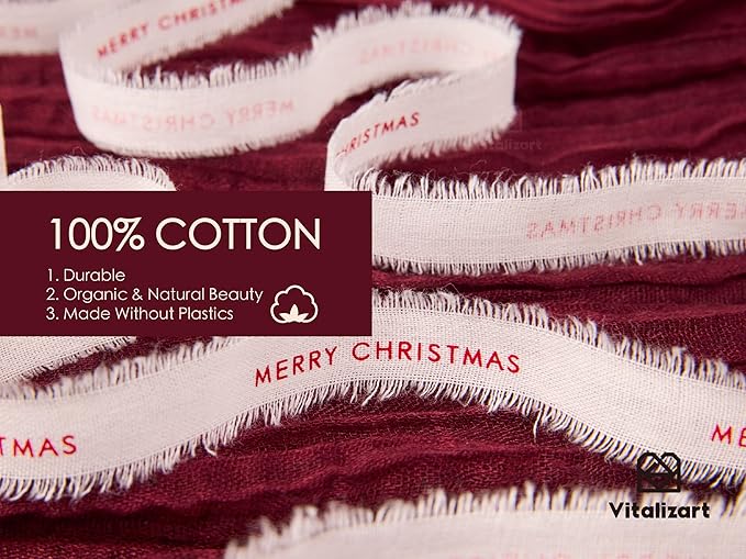 Vitalizart Merry Christmas Ribbon 5/8 Inch Natural Cotton Handmade Frayed Fringe Ribbons 15 Yd for Gift Wrapping Crafts Flower Wreath Garland Holiday Decorations