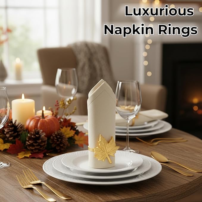 Set of 12 Maple Leaf Napkin Rings - Handcrafted Aluminum Napkin Holders for Cloth & Paper Napkins, Elegant Table Décor for Wedding Receptions Thanksgiving Christmas Holiday Parties (Gold) CLEENTABLE