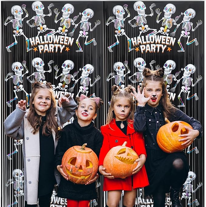 GOER Foil Curtain Backdrop for Halloween Party Decorations| Metallic Tinsel Halloween Theme Photo Booth Props (5 Pcs)