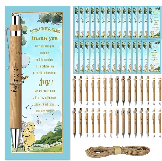 Toerifer Winnie Baby Shower Set, 30 Pcs Thank You Gifts, Bamboo Pens, Greeting Cards, Gender Reveal Souvenirs