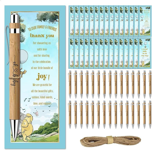 Toerifer Winnie Baby Shower Set, 30 Pcs Thank You Gifts, Bamboo Pens, Greeting Cards, Gender Reveal Souvenirs