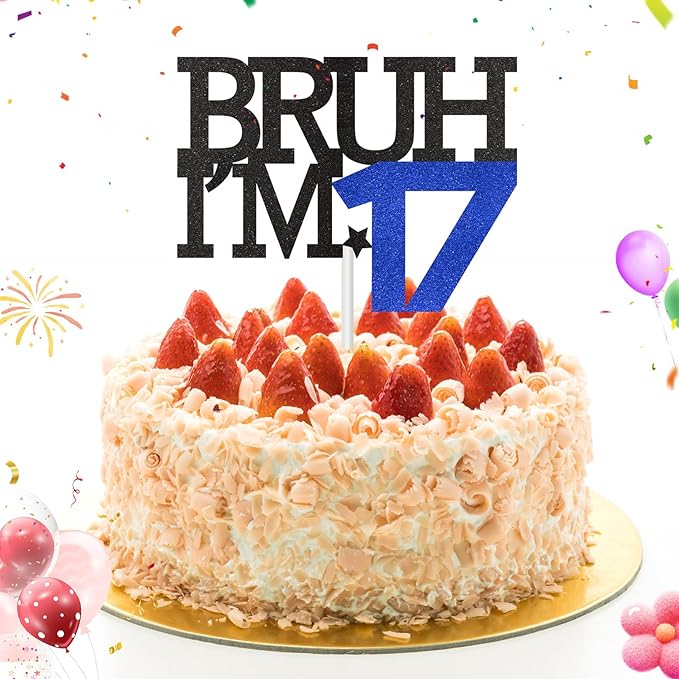Bruh I'm 17 Cake Topper, Happy 17th Birthday Decorations for Boy, Funny 17th Birthday Cake Topper Birthday Party Decoration Supplies