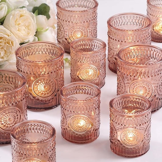 Volens 20pcs Assorted Amber Votive Candle Holders Bulk, Large Glass Votive & Tea Light Candle Holder for Wedding Table Centerpieces, Amber Party Decorations, and Home Decor