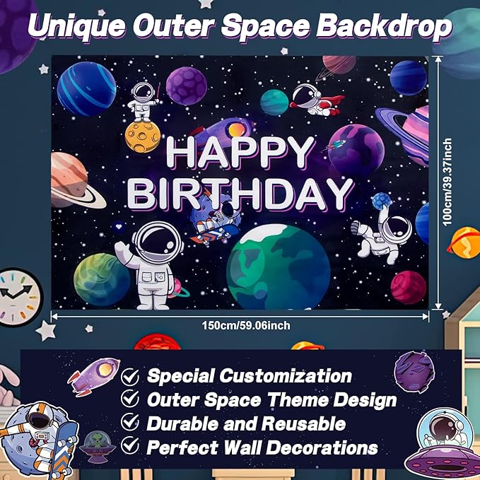 180 PCS Outer Space Birthday Party Decorations, Space Themed Party Decorations Includes Space Balloons, Backdrop, Galaxy Banner, Tablecloth, Plates, Cups, Cake Toppers for Kids Boys