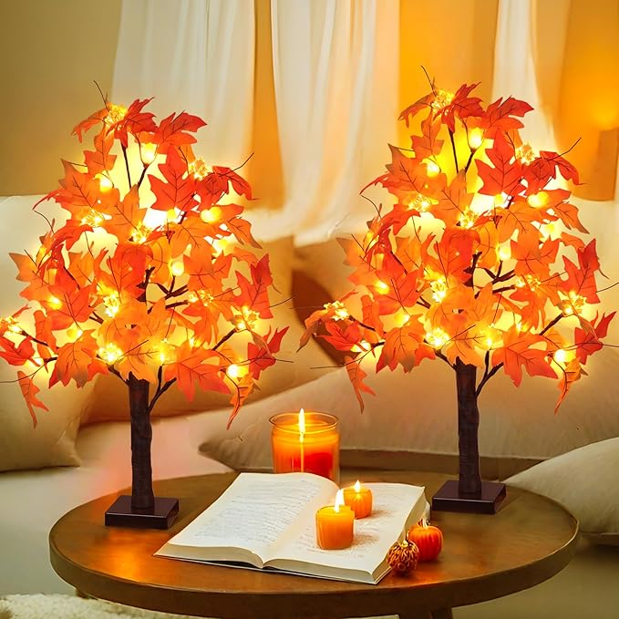 2 Pack 24 Inch Artificial Lighted Fall Maple Tree Thanksgiving Decorations with 48 LEDs Battery Operated Timer Prelit Acorn Maple Tree Lights for Thanksgiving Table Decor Home Indoor Autumn Harvest