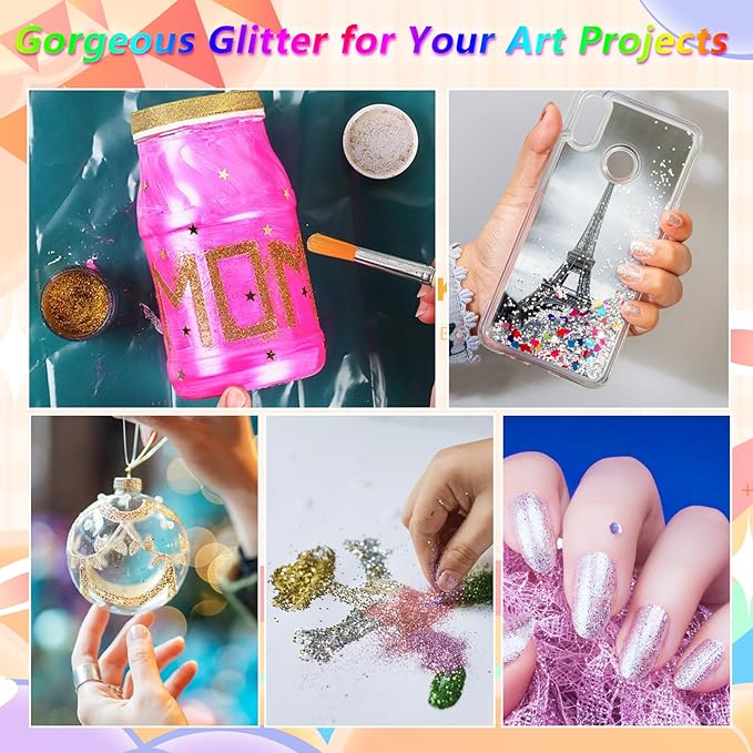 Temporary Glitter Tattoos Kit Kids, 48 Colors Powder with 209 Temporary Tattoo Stencils and 5 Luminous Tattoo Stickers, Body Nail Arts and Craft Glitter Make Up Kit, Gifts for Girl Boy Party