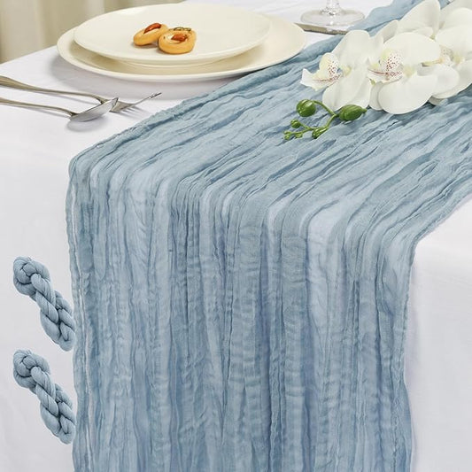 NESCCI 2 PCS Dusty Blue Table Runner,Rustic Boho Cheesecloth Table Runner,35x120 Inches Dusty Blue Runners for Tables, Pefect for Mothers Day Wedding Baby Shower Birthday Party Home Decorations