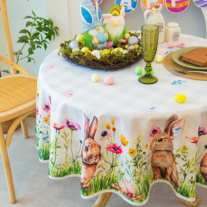 Easter Bunny Tablecloth Waterproof, Spring Floral Print Rectangular Table Cloth, Stain Resistant Table Cover Perfect for Dining & Kitchen Decor, 60 inch Round