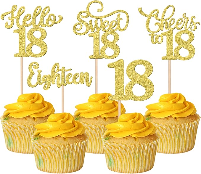 30PCS Happy 18th Birthday Cupcake Toppers Glitter Eighten Sweet 18 Hello 18 Cupcake Picks Cheers to 18 Birthday Decorations for 18th Birthday Anniversary Party Cake Decoration Supplies Gold