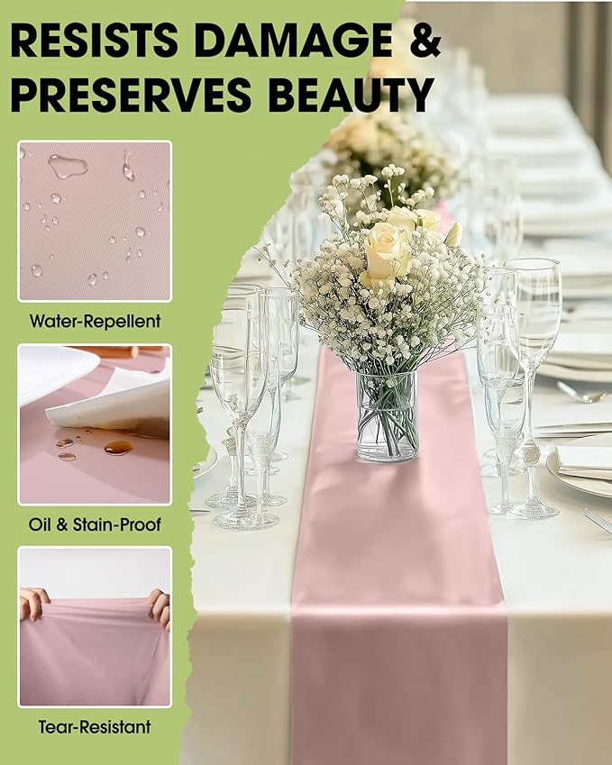 Pureegg Dusty Pink Plastic Table Runners - 12 Pack, 14'' x 108'', Water Resistant & Disposable Centerpiece Decorations for Table Cloth, Wedding, Birthday, Holiday, Baby Shower, Party, Home Decor