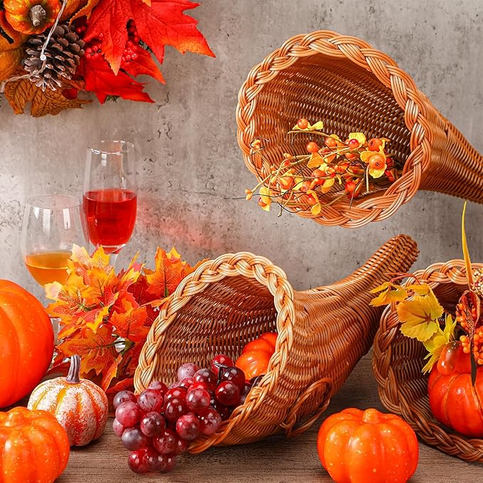Dandat 2 Pcs Thanksgiving Cornucopia Basket 13.78 Inch Thanksgiving Horn of Plenty Fall Table Decoration Harvest Cornucopia for Autumn Table Centerpieces Fall Party Decorations
