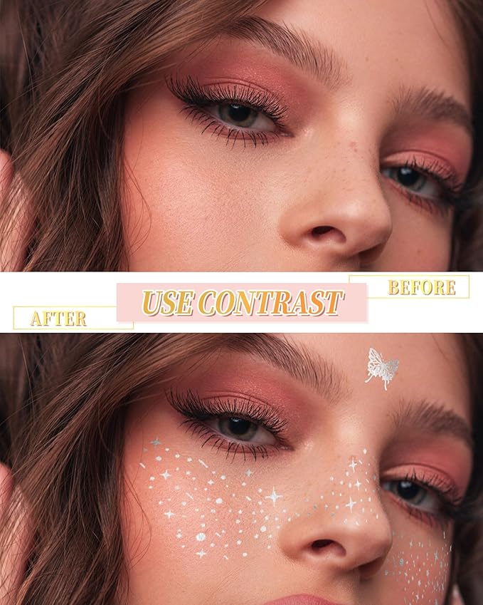 Glitter Freckles Face Tattoo Patches - 12PCS Temporary Sparkle Face Stickers with 10 Remover Wipes | Waterproof Festival Rave Party Makeup Accessories for Women Girls (Silver)