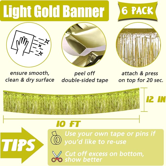 6 Pack 10 Feet Foil Fringe Garland Metallic Tinsel Banner Wall Hanging Curtain Streamers Backdrop for Parade Floats Bachelorette Wedding Birthday Party Thanksgiving Christmas Decorations(Light Gold)