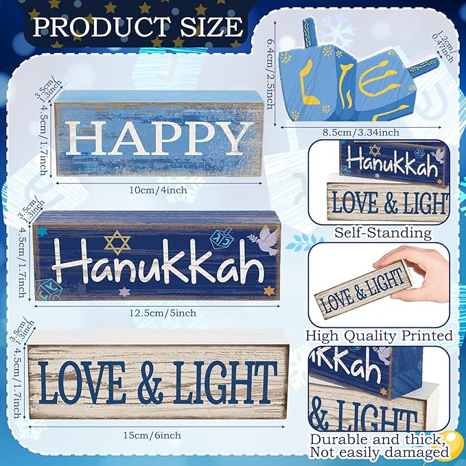 4 Pcs Hanukkah Table Decorations Chanukah Tiered Tray Decor Dreidel Star of David Wooden Block Signs Blue and White Jewish New Year Judaism Hanukkah Decor for Home Kitchen Mantel Party