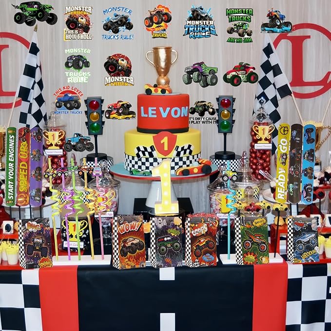 110PCS Monster Truck Party Favors Set,Monster Jam Birthday Decorations Including Truck Theme Slap Bracelets Keychains Gift Bags DIY Stickers Drinking Straws People Monster Truck Birthday Supplies