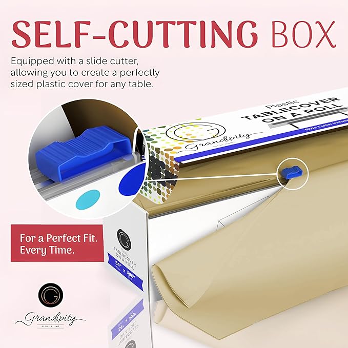 Grandipity Plastic Tablecloth Roll - 54in x 300 Ft. Beige Plastic Table Cloths for Parties Disposable with Cutter Box - Cut to Size Disposable Tablecloth Table Cover for Rectangle & Round