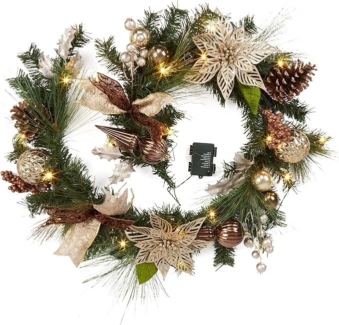 GarveeHome Christmas Garland with Lights for Mantle, 6 ft Pre-Lit Xmas Garland with Brown Ball Ornaments Pine Cones and Ribbon Bows for Fireplace Front Door Window Indoor Outdoor Christmas Decoration