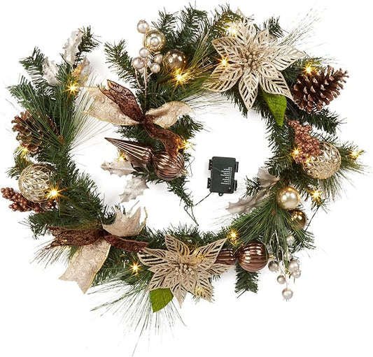 GarveeHome Christmas Garland with Lights for Mantle, 6 ft Pre-Lit Xmas Garland with Brown Ball Ornaments Pine Cones and Ribbon Bows for Fireplace Front Door Window Indoor Outdoor Christmas Decoration