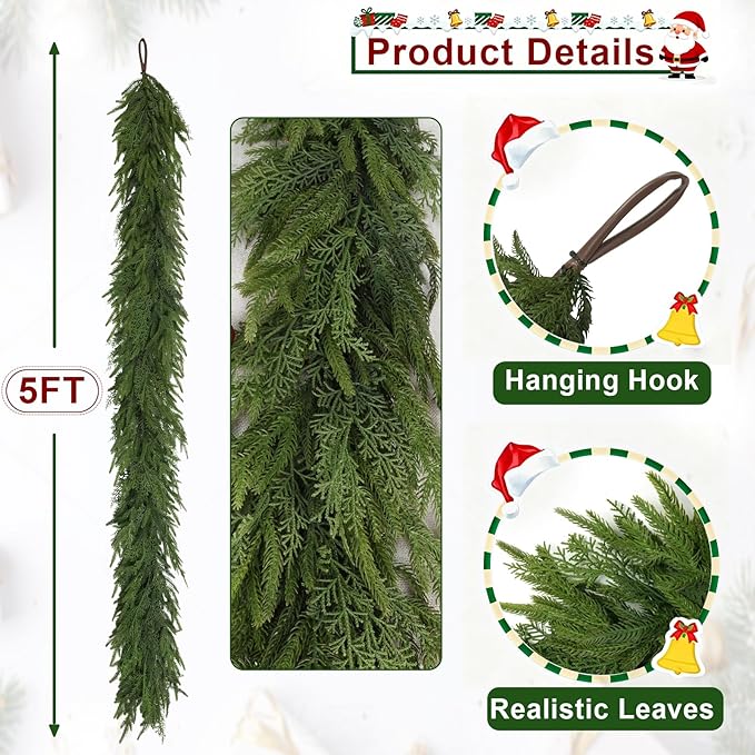 5FT Christmas Garland for Decoration Home Indoor Outdoor, Realistic Christmas Pine Garland Artificial Real Touch Greenery Cedar Garland Mantel Window Table Wall Holiday Thanksgiving Winter Xmas Décor