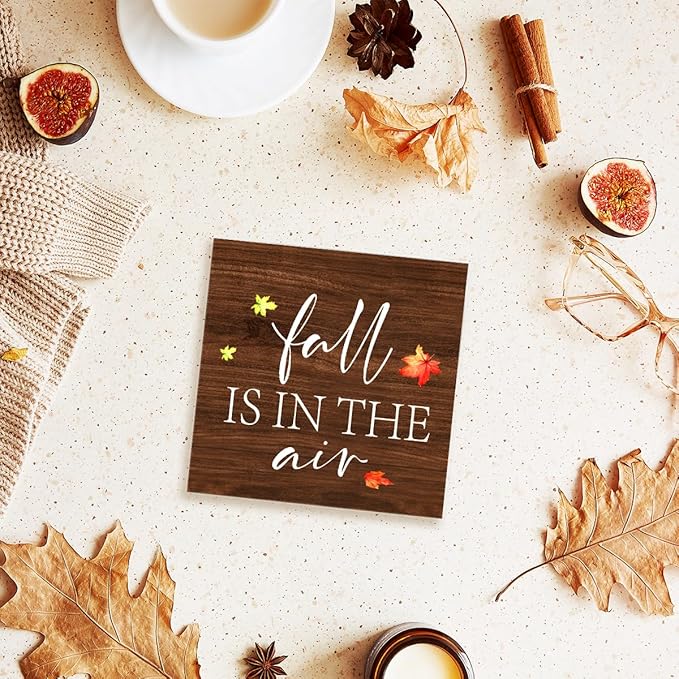 Funny Autumn Wood Box Sign Fall is in the Air Wooden Block Desk Decor for Home Office Kitchen Cubicle Table Shelf Tabletop,Farmhouse Fall Sign Decor