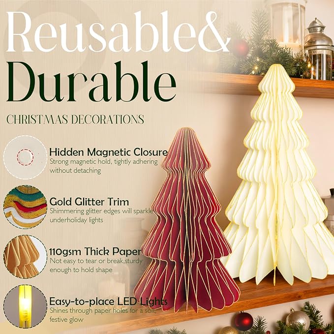 5Pcs Large Christmas Table Decorations Paper Christmas Trees, Light Up Honeycomb Xmas Tree Centerpieces for Tables for Christmas Frozen Winter Wonderland Party Vintage Home Decor, 12/14/16 Inch