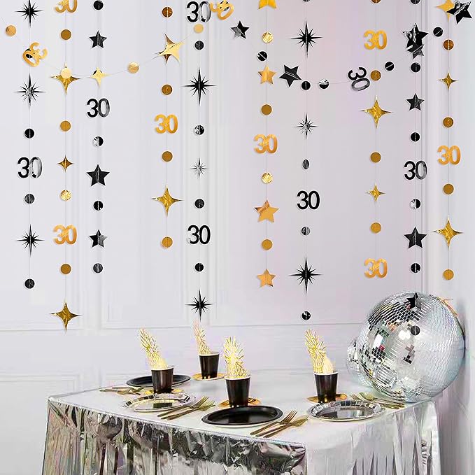 Black Gold 30th Birthday Decorations Number 30 Circle Dot Twinkle Star Garland Metallic Streamer Bunting Banner Backdrop for Mens Womens Happy Dirty 30 Year Old Thirty Anniversary Party Supplies