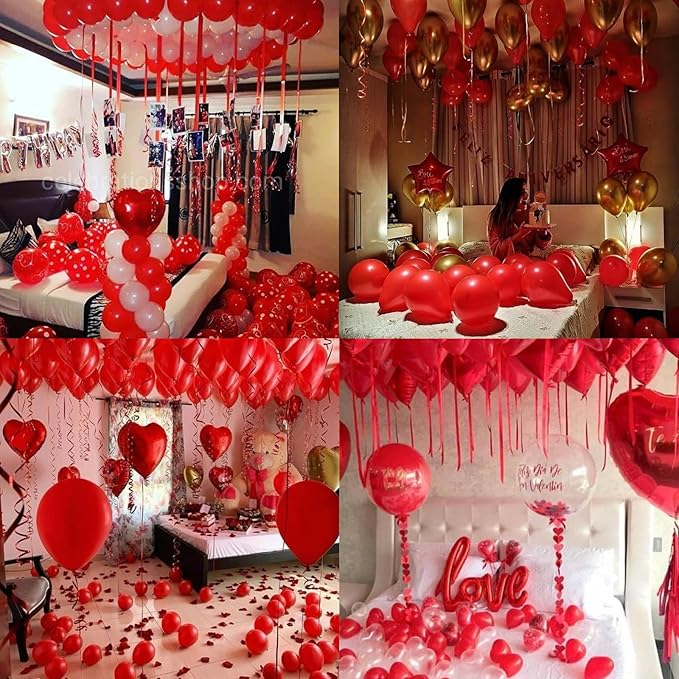 Anniversary Decorations, Happy Anniversary Banner, Hanging String Hearts, Red and Gold Balloons, Love Balloon, Red Silk Rose Petals for Wedding Bridal Shower Bachelorette Party Decorations
