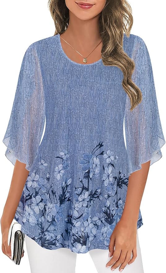 Ninedaily Women's Tops 3/4 Sleeve Blouses Dressy Casual Double Layers Mesh Tunic Shirts