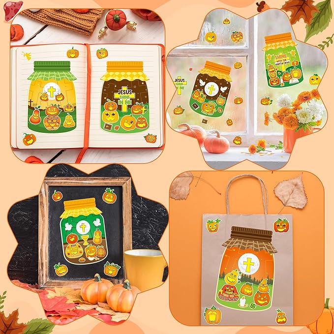 CY2SIDE Fall Religious Pumpkin Jar Sticker - 40PCS Fall Jesus Cross Pumpkin Jar Scene Make a Face Sticker Games for Kids Classroom Rewards, Autumn Theme Thanksgiving Church Sunday School Activities
