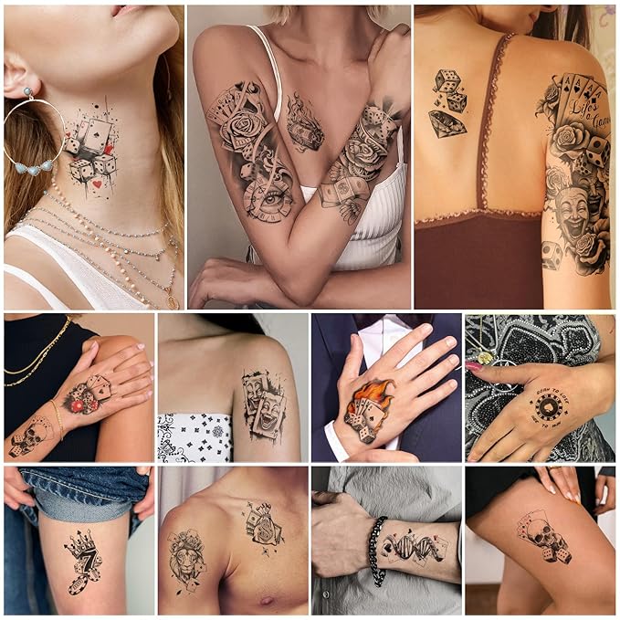 77 Sheets Casino Temporary Tattoo for Women Men, 17 Sheets Half Arm Large Poker Dice Lion Clown Fake Tattoos, 60 Sheets Angels Dollars Skull Tiny for Adult Kids Body Tattoos Stickers Realistic