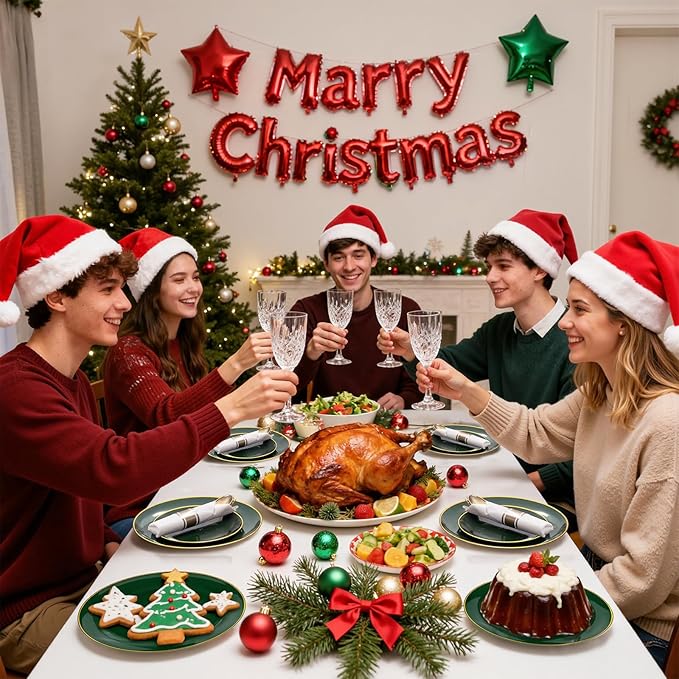 KIRE 175PCS Green Plastic Plates with Gold Rim - Heavy Duty Green Plates Disposable Include 50 Christmas Plastic Plate, 25Pre Rolled Napkins 25 Cups For Christmas/Party