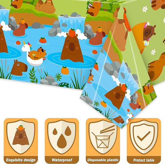 Capybara Party Decoration - Serves 24 - 112Pcs Cute Cartoon Capybara Party Supplies, Animal Orange Disposable Plate Napkin Forks Tablecloth Banner Card, for Kids Birthday Baby Shower