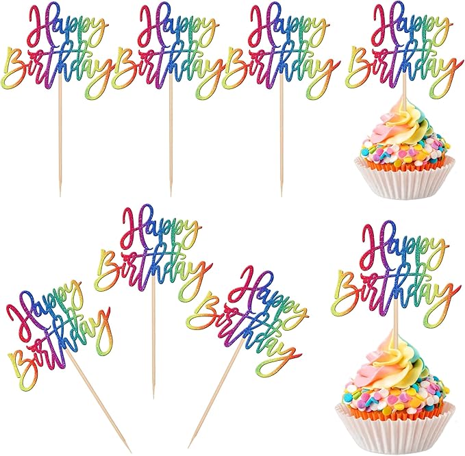 24 PCS Glitter Cupcake Toppers - Happy Birthday & Anniversary Picks for Celebrating Parties - Colorful