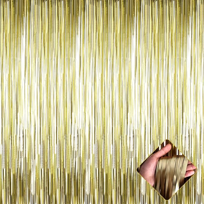 4 Pack 3.2Ft x 9.8Ft Light Gold Foil Fringe Curtain Backdrop, Metallic Tinsel Foil Fringe Streamers Curtains for Party, Photo Booth Props, Birthday, Wedding, Christmas Decoration Supplies