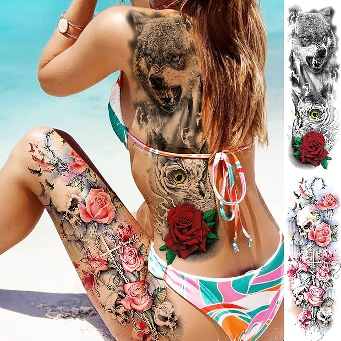 20 Sheets Sexy Rose Flower Full Arm Temporary Tattoos For Women Girl, Large Peony Lotus Florals Wolf Lion Tiger Fox Skull Fake Sleeve Tattoo For Adults, Watercolor Skull Halloween Tattoo Stickers