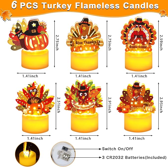 6 PCS Thanksgiving Table Decorations Turkey LED Flameless Candles Battery Operated Thanksgiving Turkey Tea Lights Small Candles Thanksgiving Decorations Turkey Centerpieces for Table Home Indoor Party