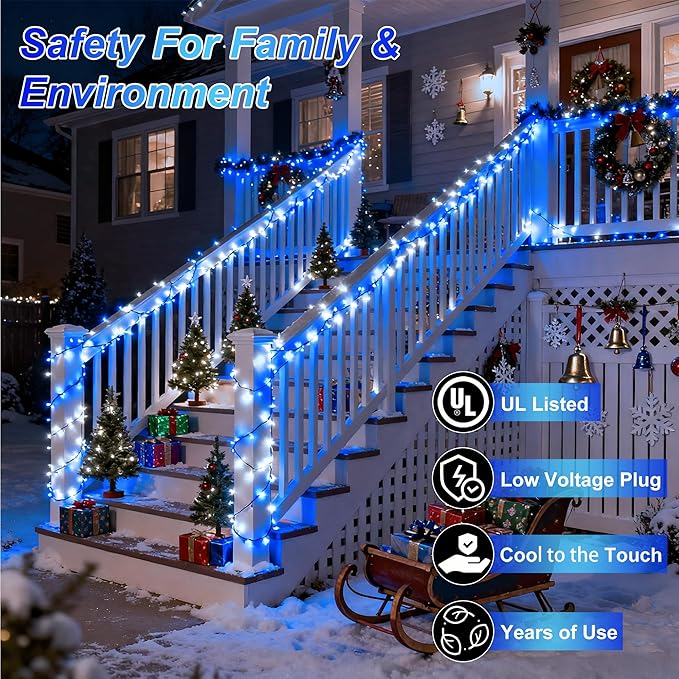 750 LED 240FT Christmas String Lights Outdoor, 12 Pro Modes and Timer Memory & Brightness, Plug in Waterproof Dark Green Wire Twinkle Light for for Xmas Yard Tree Wedding Party Decor (Blue & White)