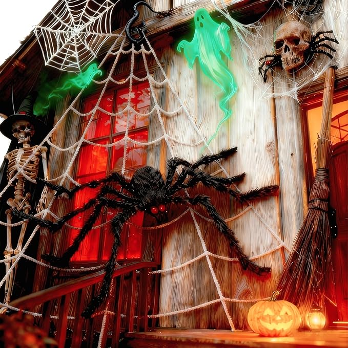 200" Halloween Spider Web + 59" Giant Spider Decorations, Triangular Huge Spiders Web and Hairy Scary Fake Spider, for Indoor Outdoor Porch Yard, Scary Haunted House Party, and Halloween Décor