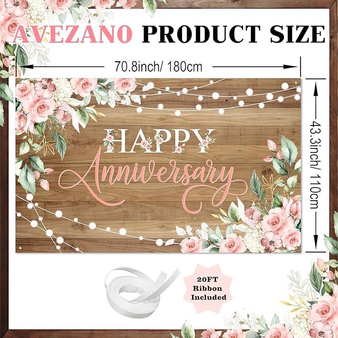 Avezano Happy Anniversary Backdrop Rustic Pink Floral Happy Anniversary Banner Wooden Cheers to Marriage Wedding Commemoration Day Party Decorations Banner 70.8 x 43.3 Inch