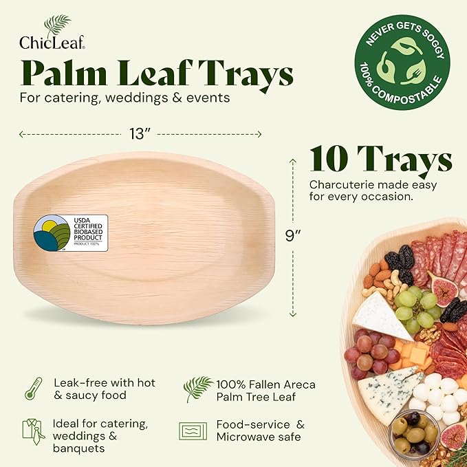Chic Leaf All Natural Compostable & Disposable Rectangular 13" x 9" Palm Leaf Serving Tray for Events, Thanksgiving, Charcuterie Board, Catering & Weddings - Disposable Plates Party Supplies (10 pc)